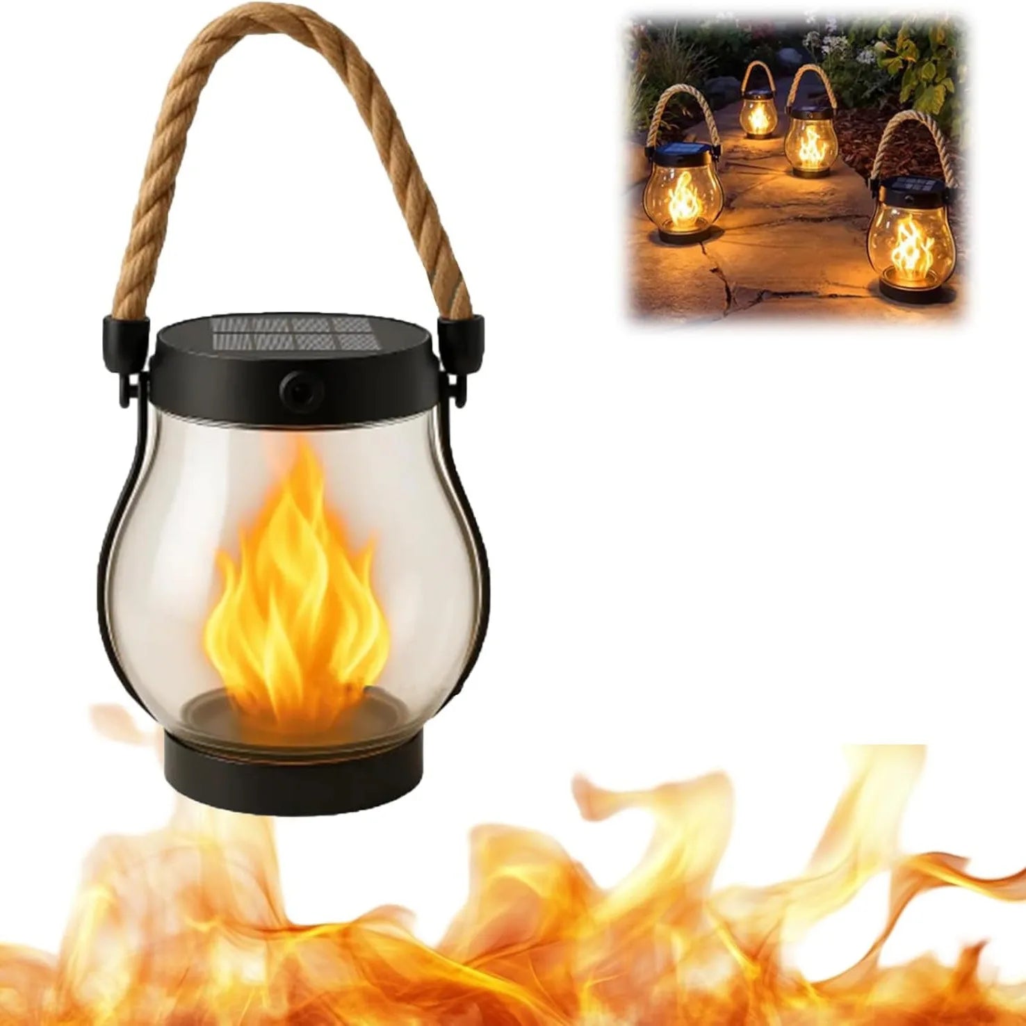 Lanterne Solaire de Jardin Effet Flamme – Lampe d'Ambiance Extérieure Étanche, Recharge Solaire