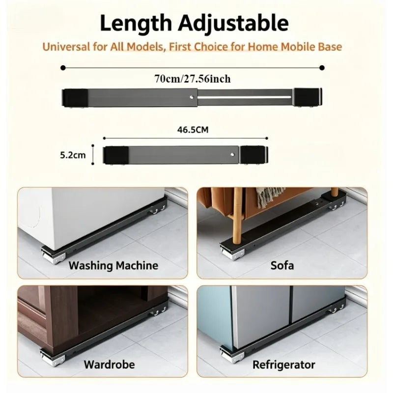 Supports Roulants Ajustables pour Électroménager (Lot de 2) — Socle Téléscopique Amovible & Antidérapant pour Machine à Laver, Réfrigérateur & Meubles