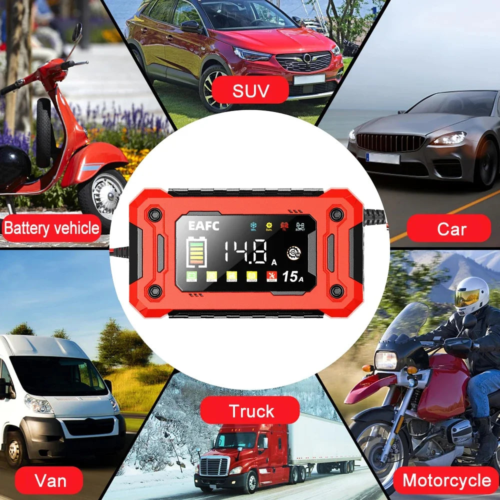 Chargeur de Batterie Intelligent 12V 6A – Pour Voiture, Moto et Bateau avec Protections Automatiques et Écran LCD