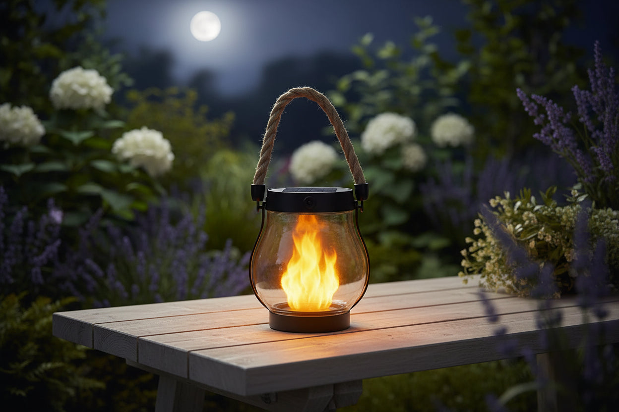 Lanterne Solaire de Jardin Effet Flamme – Lampe d'Ambiance Extérieure Étanche, Recharge Solaire