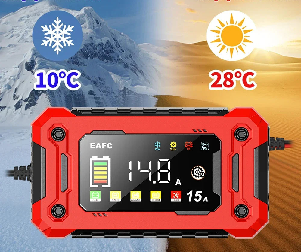 Chargeur de Batterie Intelligent 12V 6A – Pour Voiture, Moto et Bateau avec Protections Automatiques et Écran LCD