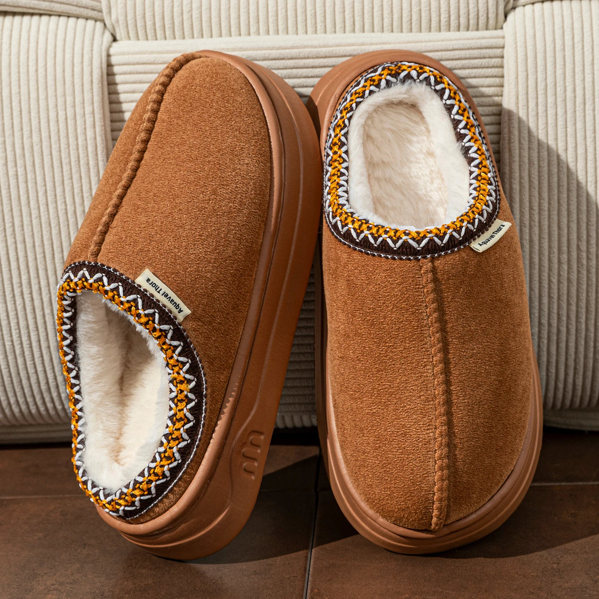 Chaussons Bottines en Velours Côtelé Intérieur & Extérieur - Doublure Peluche & Semelle Épaisse