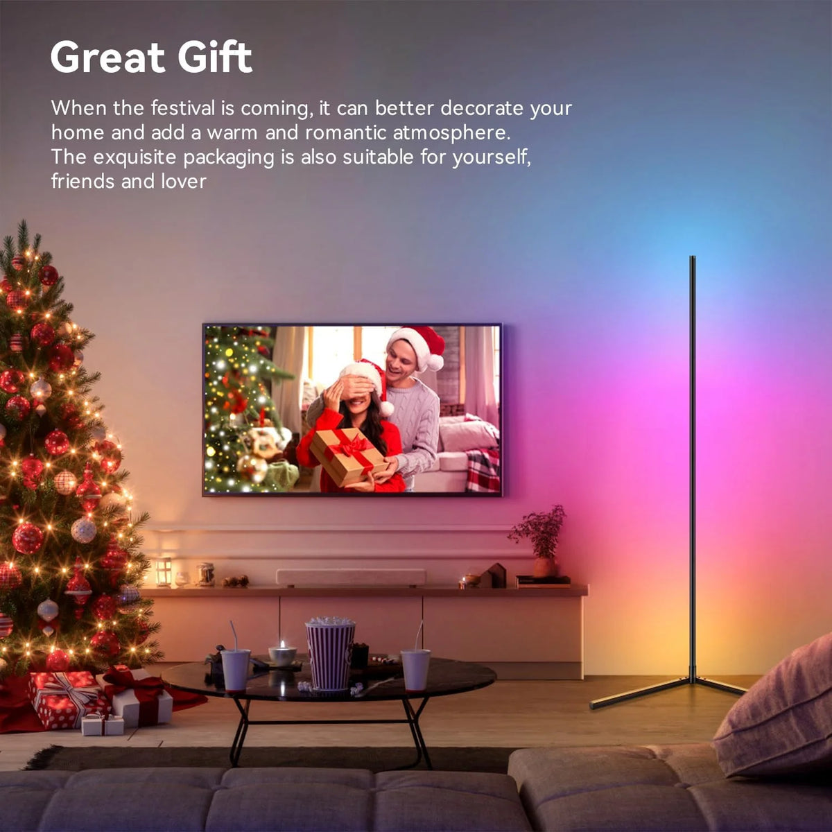 Lampadaire LED d'Angle RGB Smart — Éclairage d'Ambiance Synchronisation Musique & Contrôle Application (Salon, Chambre, Gaming)