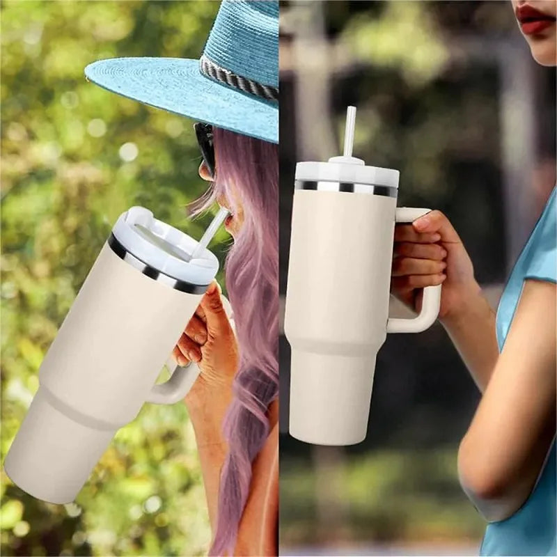 Isolierflasche 1,2 L mit Griff & Trinkhalm — 24h Heiß-/Kalthaltung & auslaufsicher