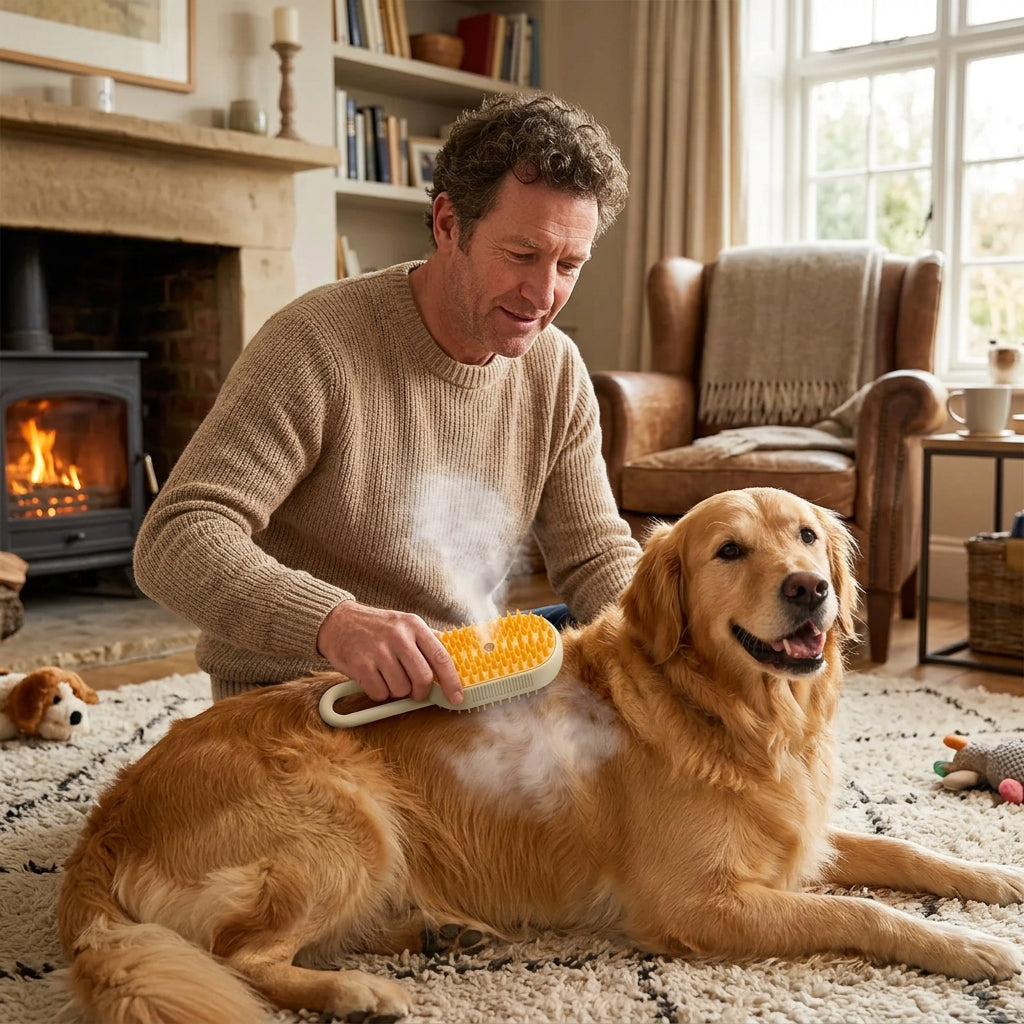 Brosse Vaporisante 3-en-1 pour Animaux — Démêlage, Massage & Élimination des Poils Volants