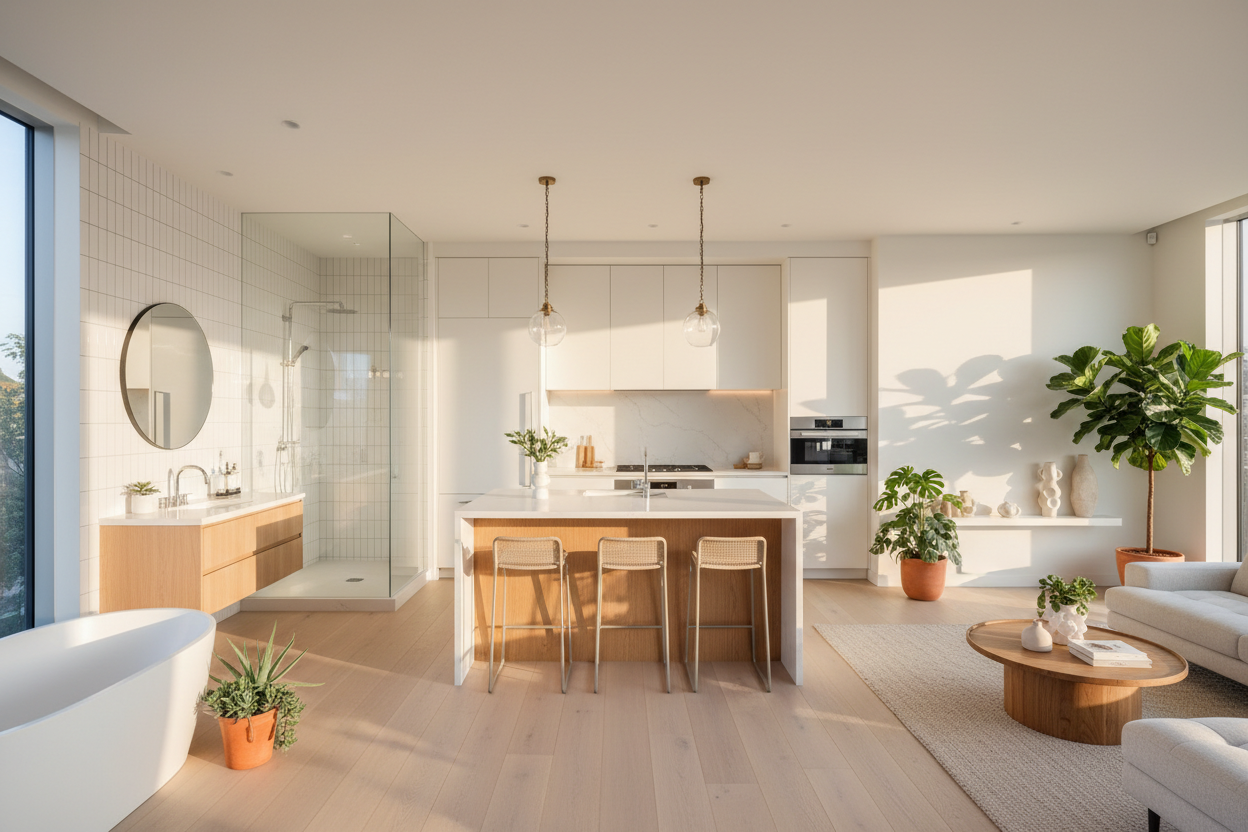 maison-moderne-lumineuse-ensoleill-avec-des-articles-de-maison-salle-de-bain-cuisine-d-coration - Noverdi